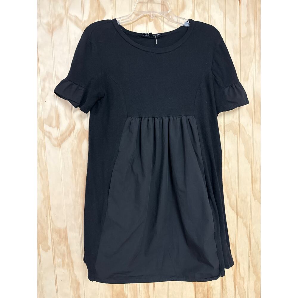 English Factory Black Ruffle Sleeve Pleated Mini Dress Pockets XS Womens Casuals